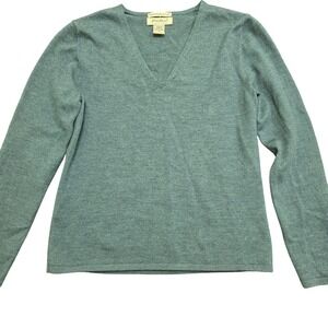 EDDIE‎ BAUER Women's M Heather Blue Merino Wool V-Neck Sweater Minimalist Preppy
